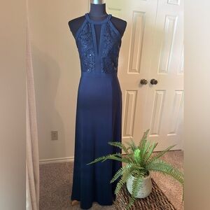 Deep blue halter style deep V sequin bodice long evening dress